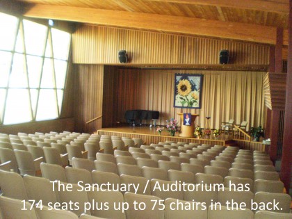 The Auditorium has 174 seats plus up to 75 chairs in the back